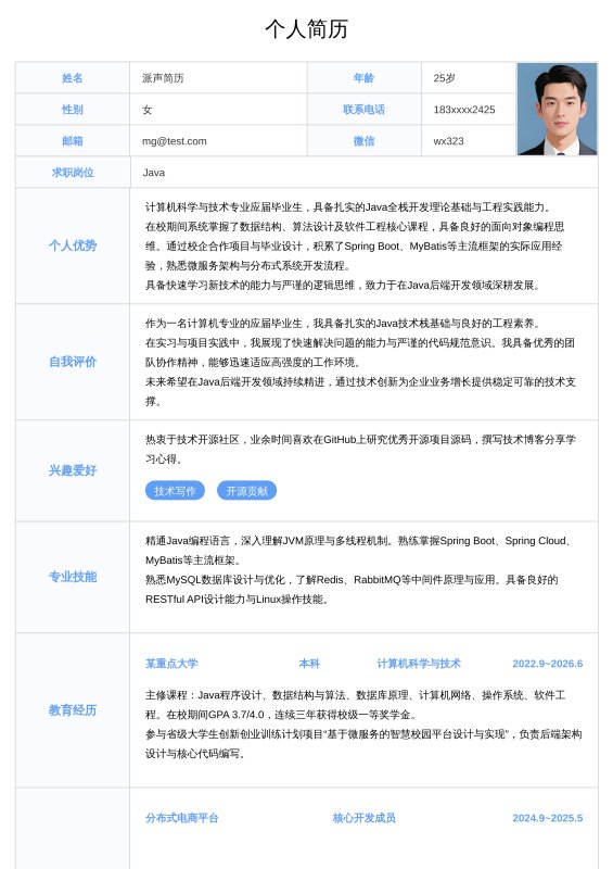 Java开发工程师应届毕业生求职简历