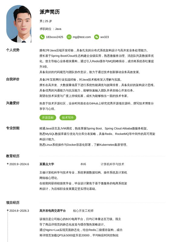 Java开放工程师1~3年工作经验求职简历