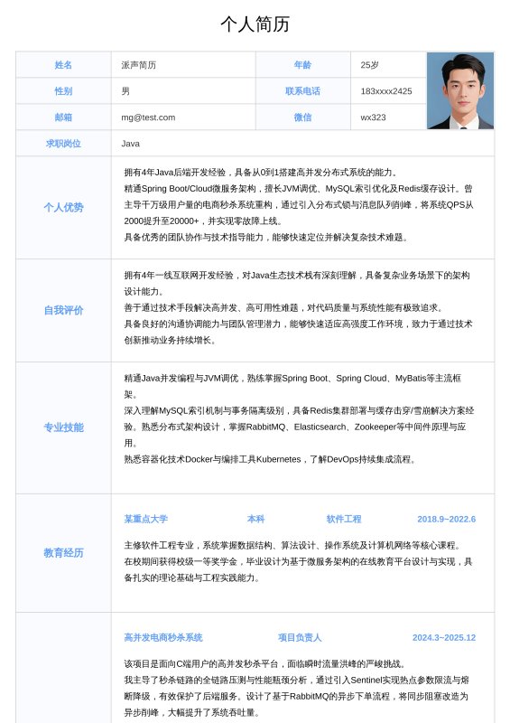 Java开放工程师3~5年工作经验求职简历